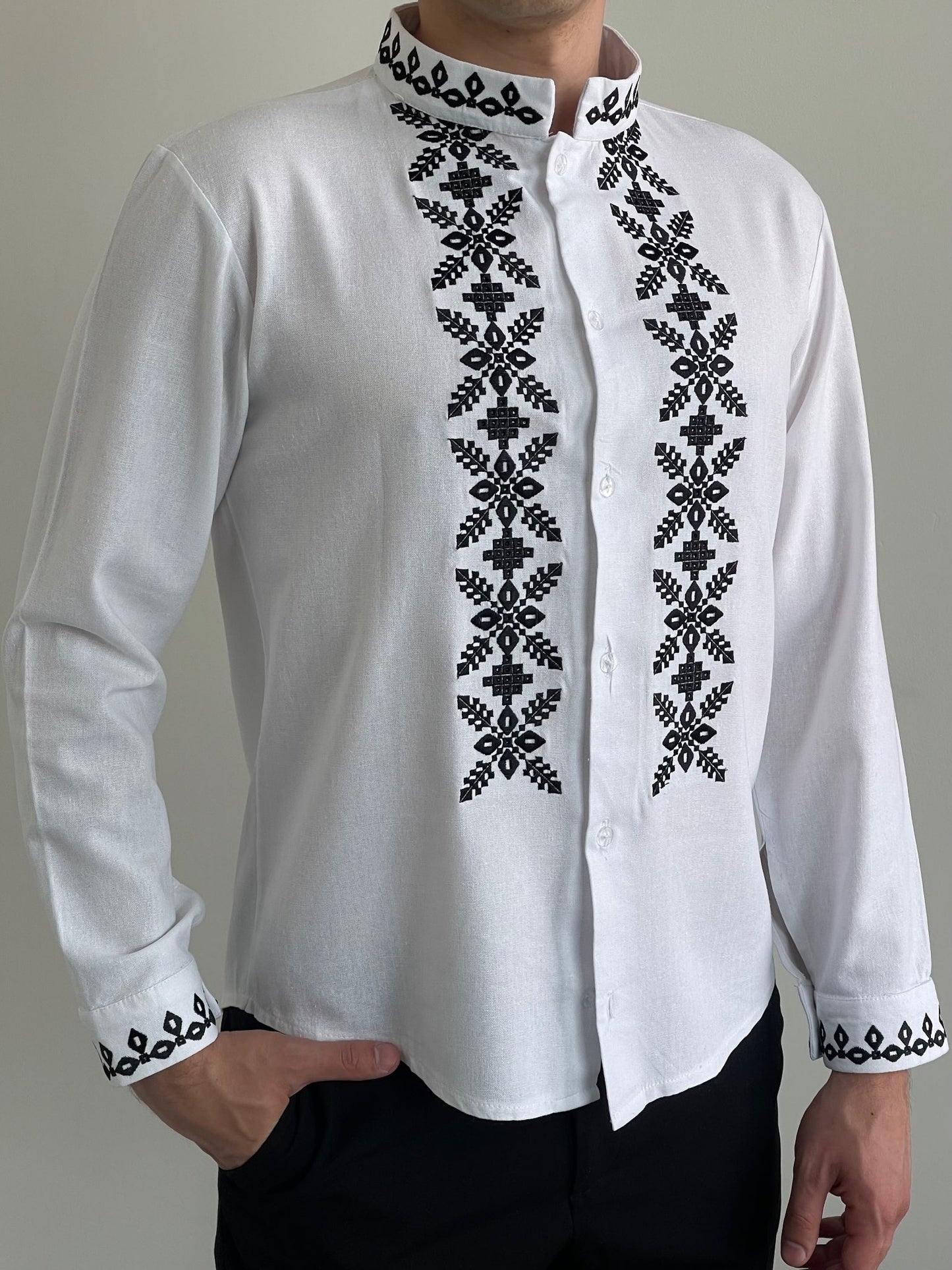 Men's White Vyshyvanka with Black Embroidery (Чоловіча Вишиванка)