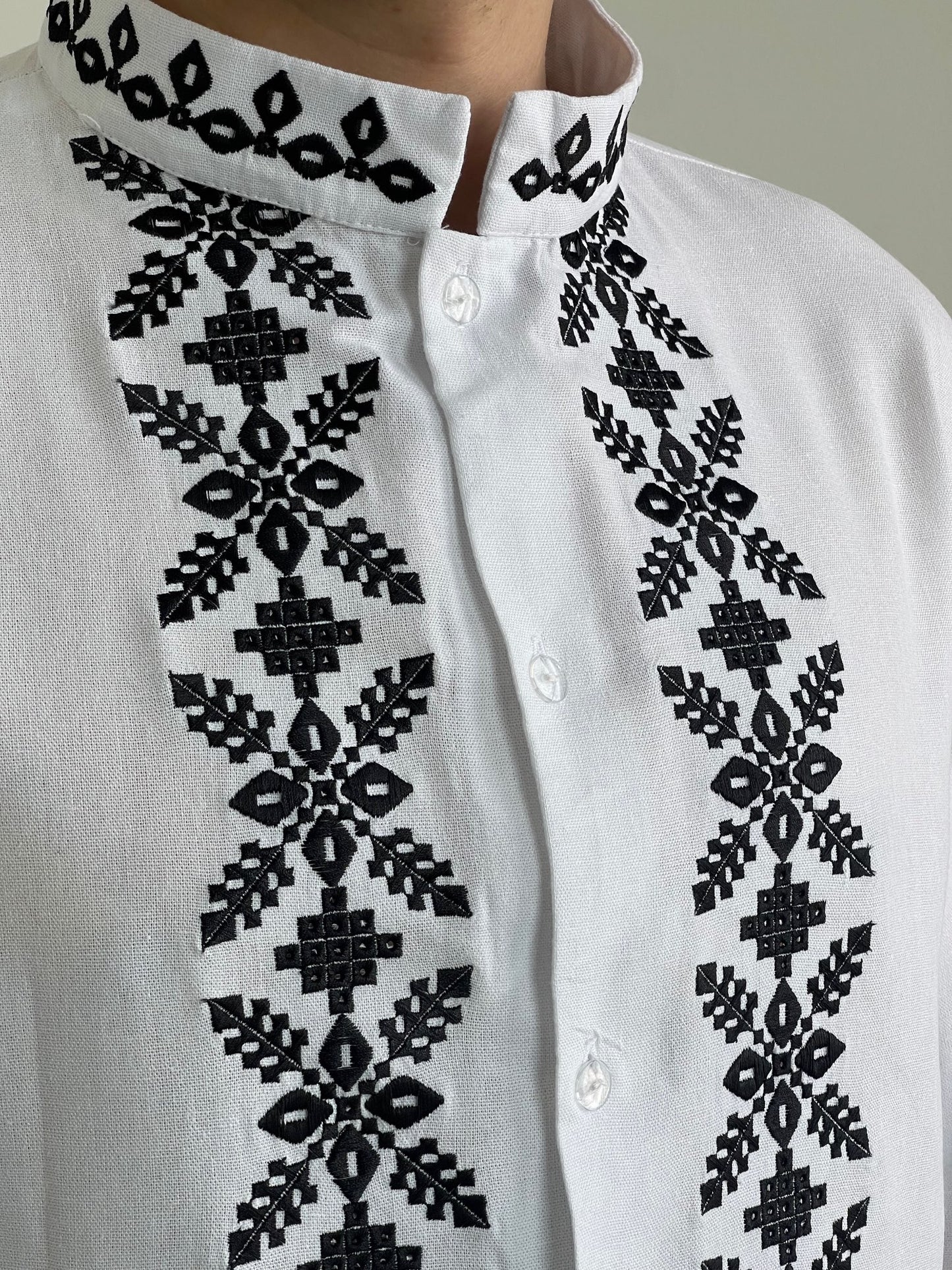 Men's White Vyshyvanka with Black Embroidery (Чоловіча Вишиванка)