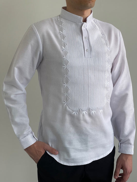 White Men's Vyshyvanka Shirt with White Embroidery