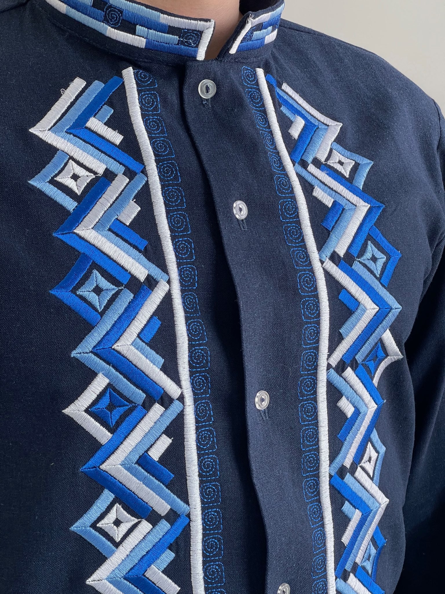 Blue Men's Vyshyvanka Shirt with White, Light Blue, and Dark Blue Embroidery (Чоловіча Вишиванка)