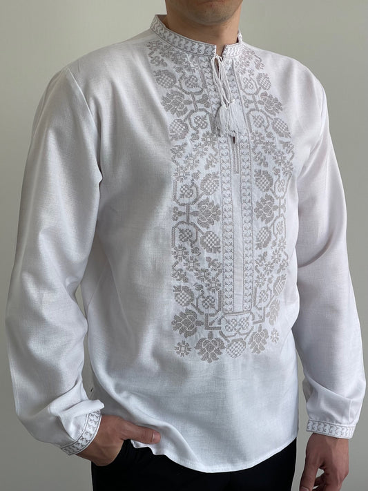 White Men's Vyshyvanka Shirt with Light Beige Embroidery