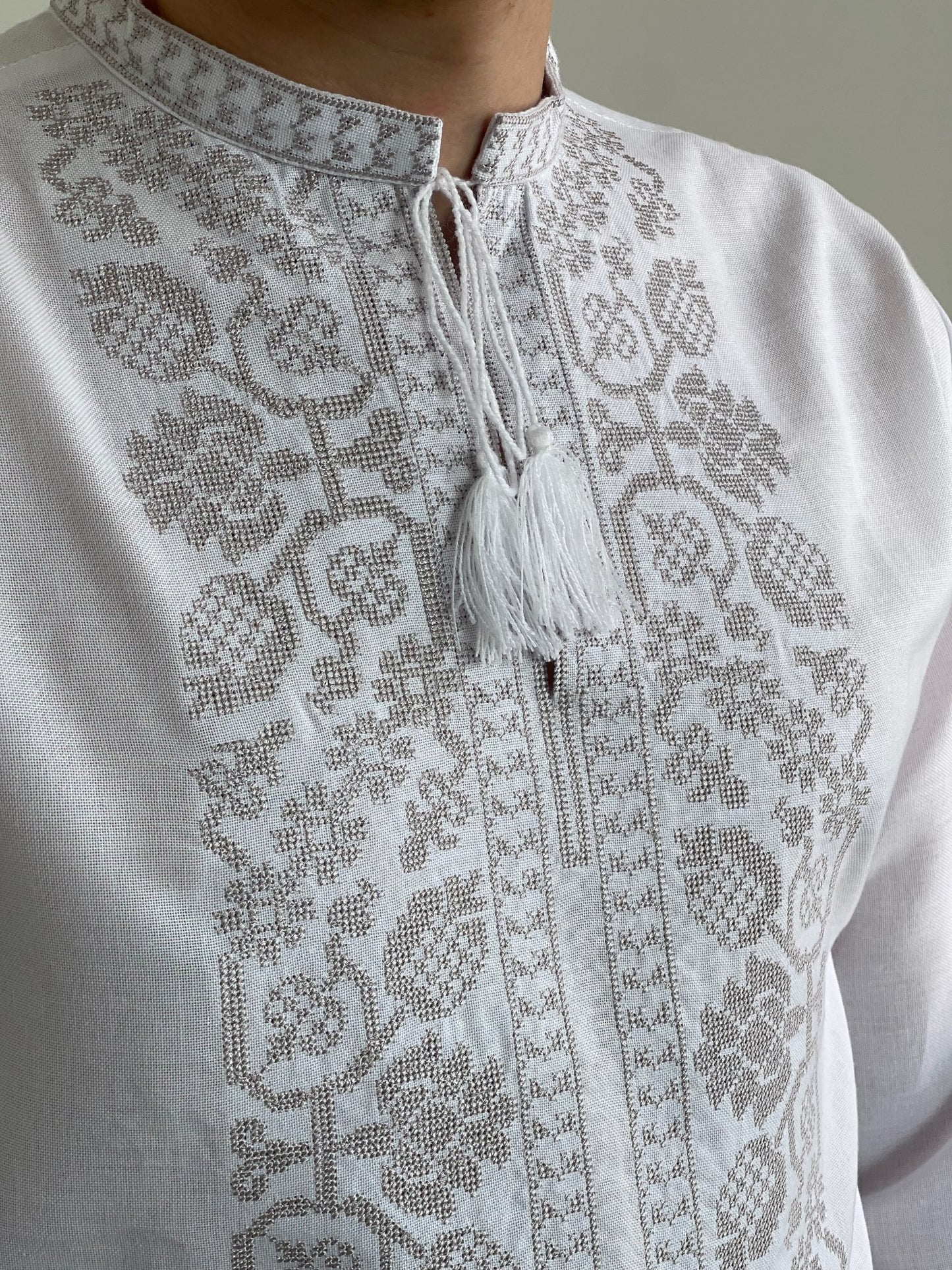 White Men's Vyshyvanka Shirt with Light Beige Embroidery