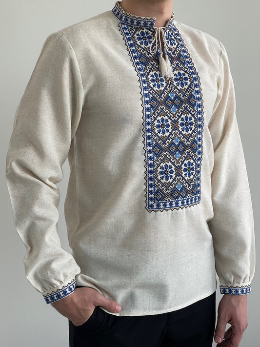 Men's embroidered shirt Vyshyvanka with blue and yellow embroidery (Чоловіча Вишиванка)
