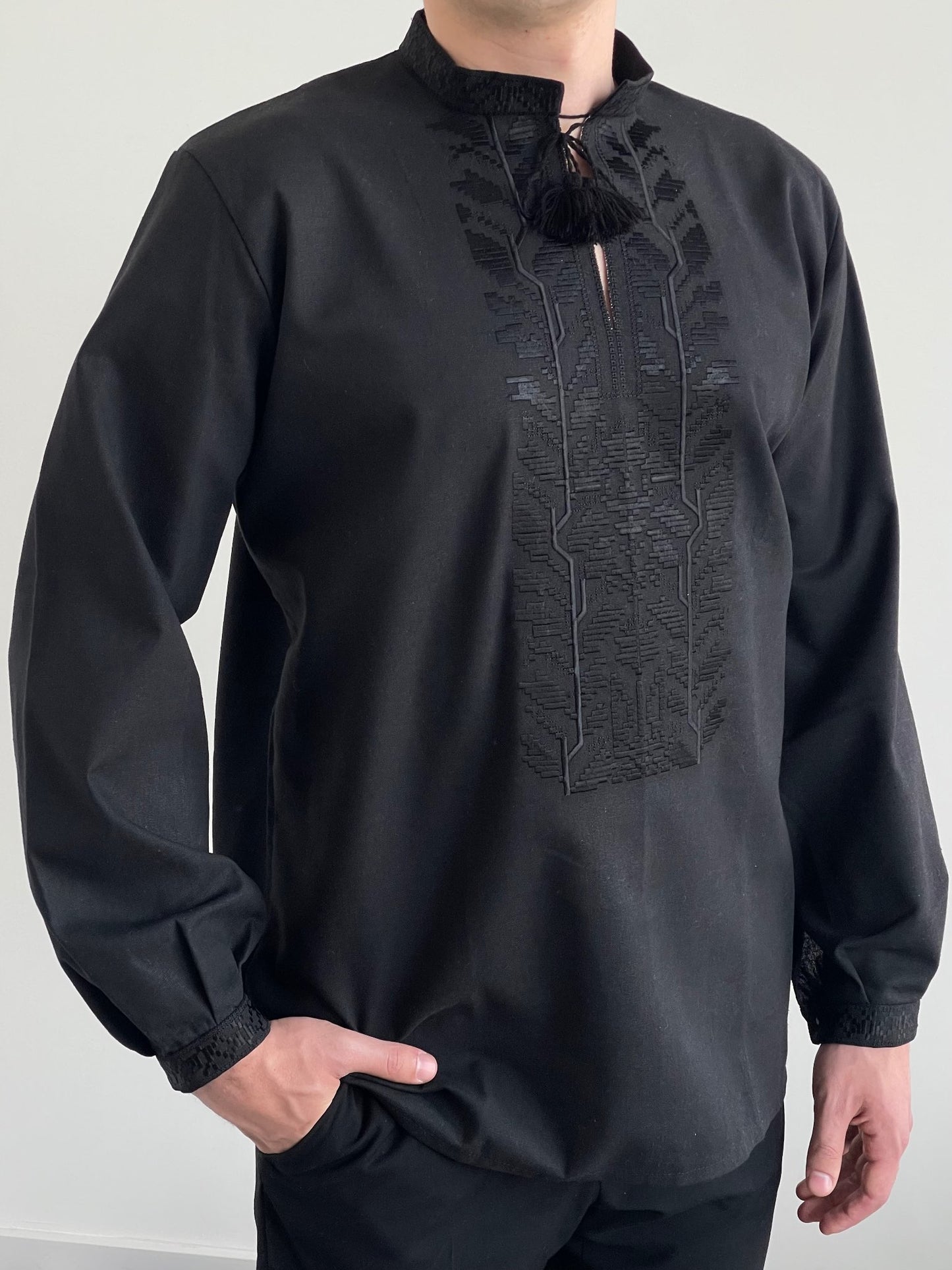 Long Sleeve Black Vyshyvanka Shirt with Black Embroidery and Ukrainian Symbol (Чоловіча Вишиванка)
