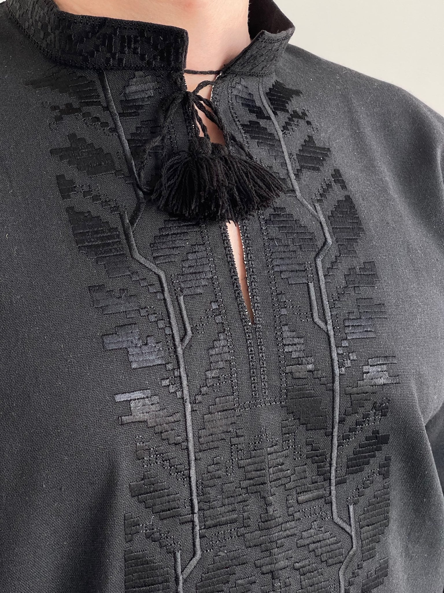Long Sleeve Black Vyshyvanka Shirt with Black Embroidery and Ukrainian Symbol (Чоловіча Вишиванка)
