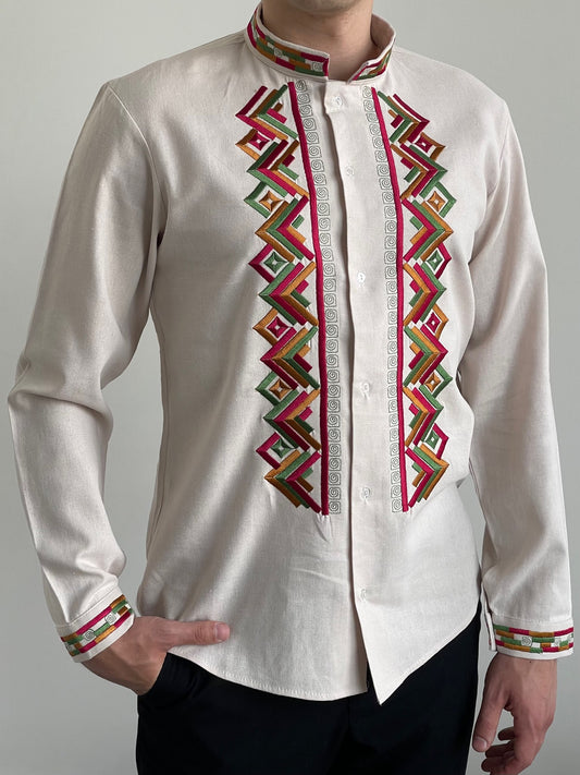 Beige Vyshyvanka with Red, Golden, and Green Embroidery (Чоловіча Вишиванка)