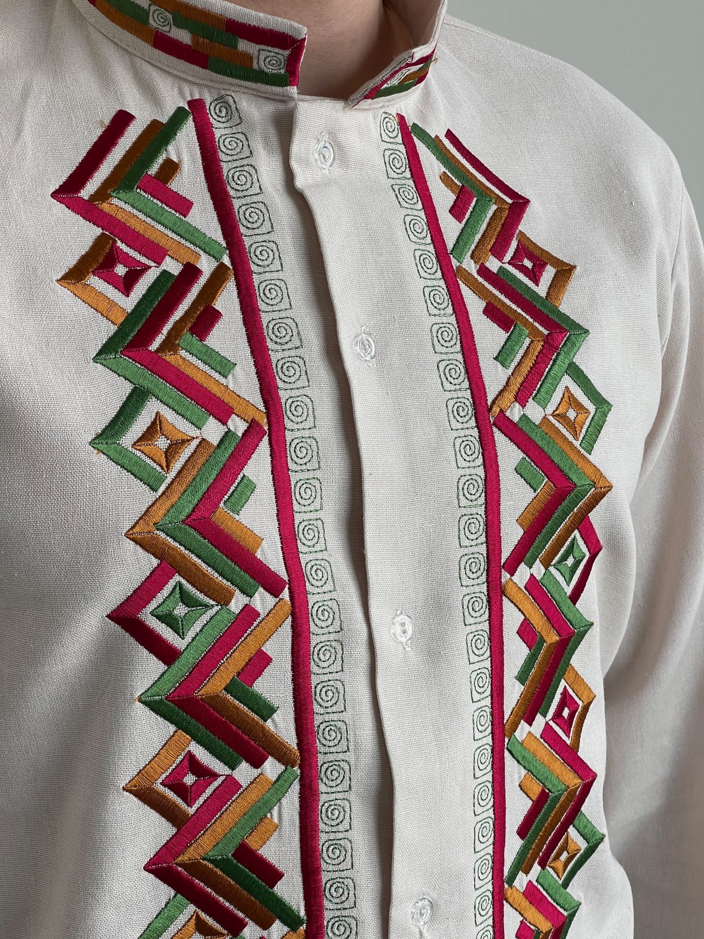 Beige Vyshyvanka with Red, Golden, and Green Embroidery (Чоловіча Вишиванка)
