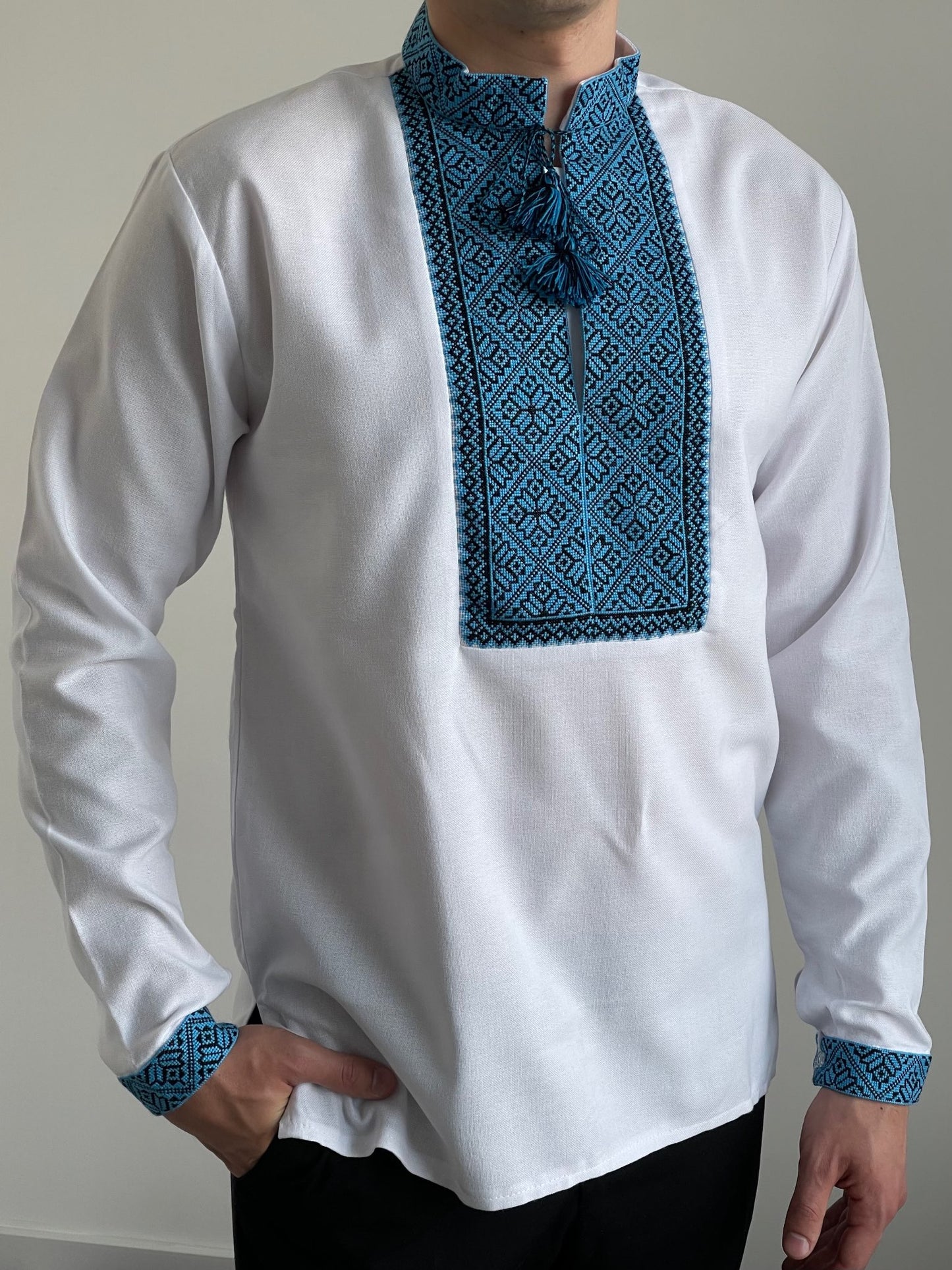 White Ukrainian Vyshyvanka for Men with Light Blue and Black Hand Embroidery