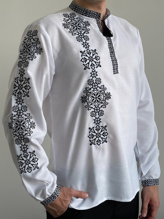 White Men's Shirt with Black Embroidery on One Side