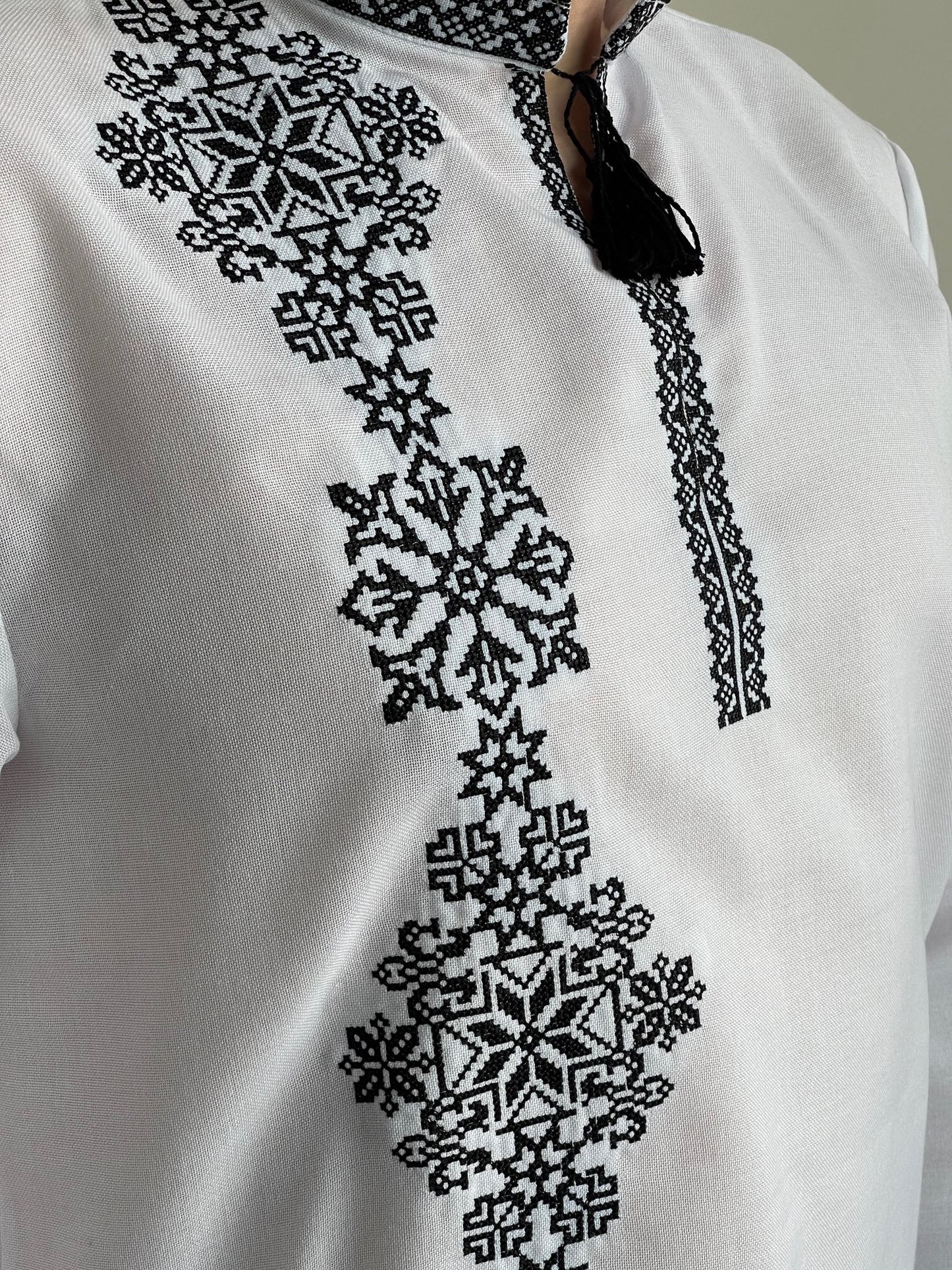 White Men's Shirt with Black Embroidery on One Side