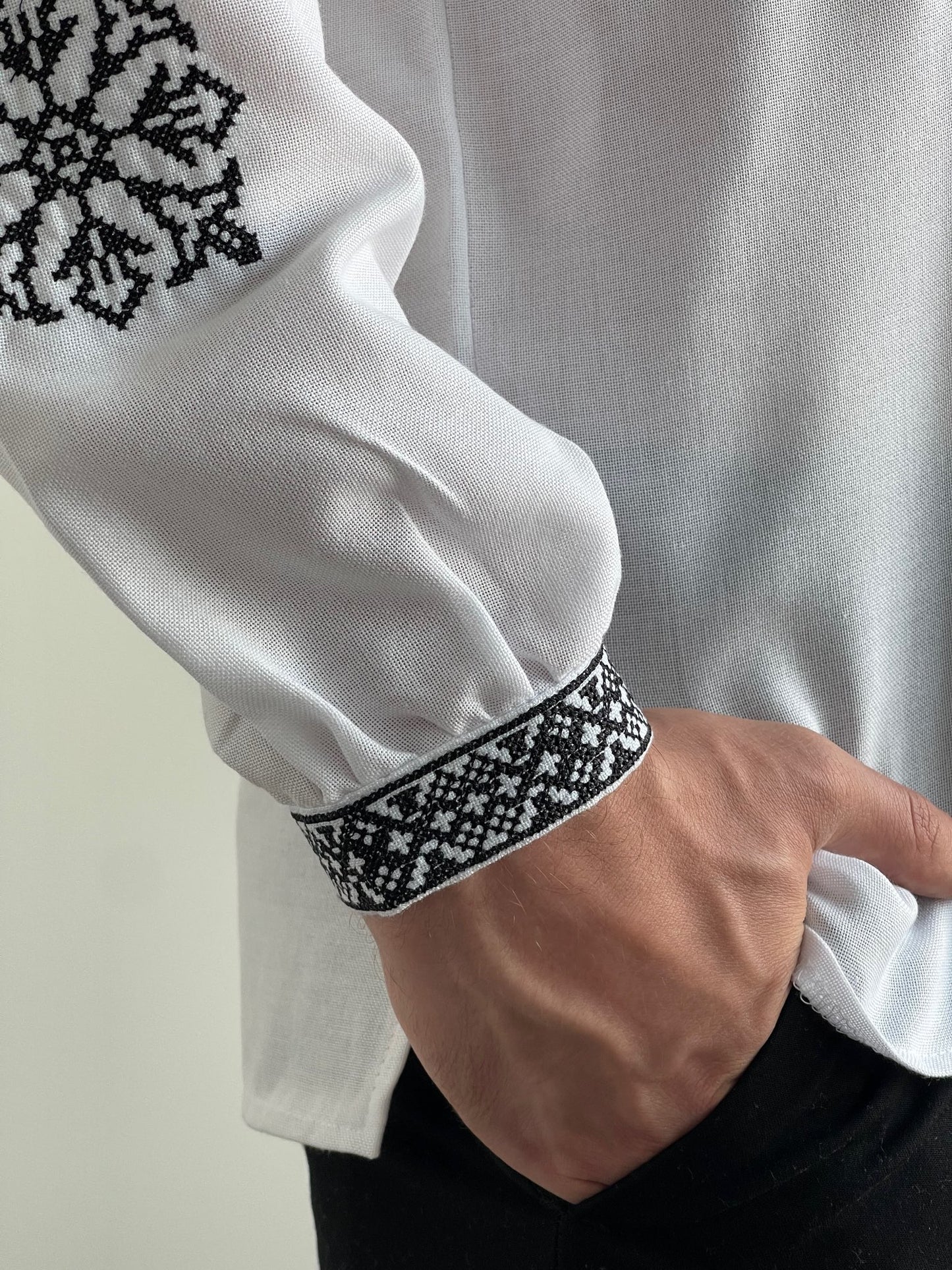 White Men's Shirt with Black Embroidery on One Side