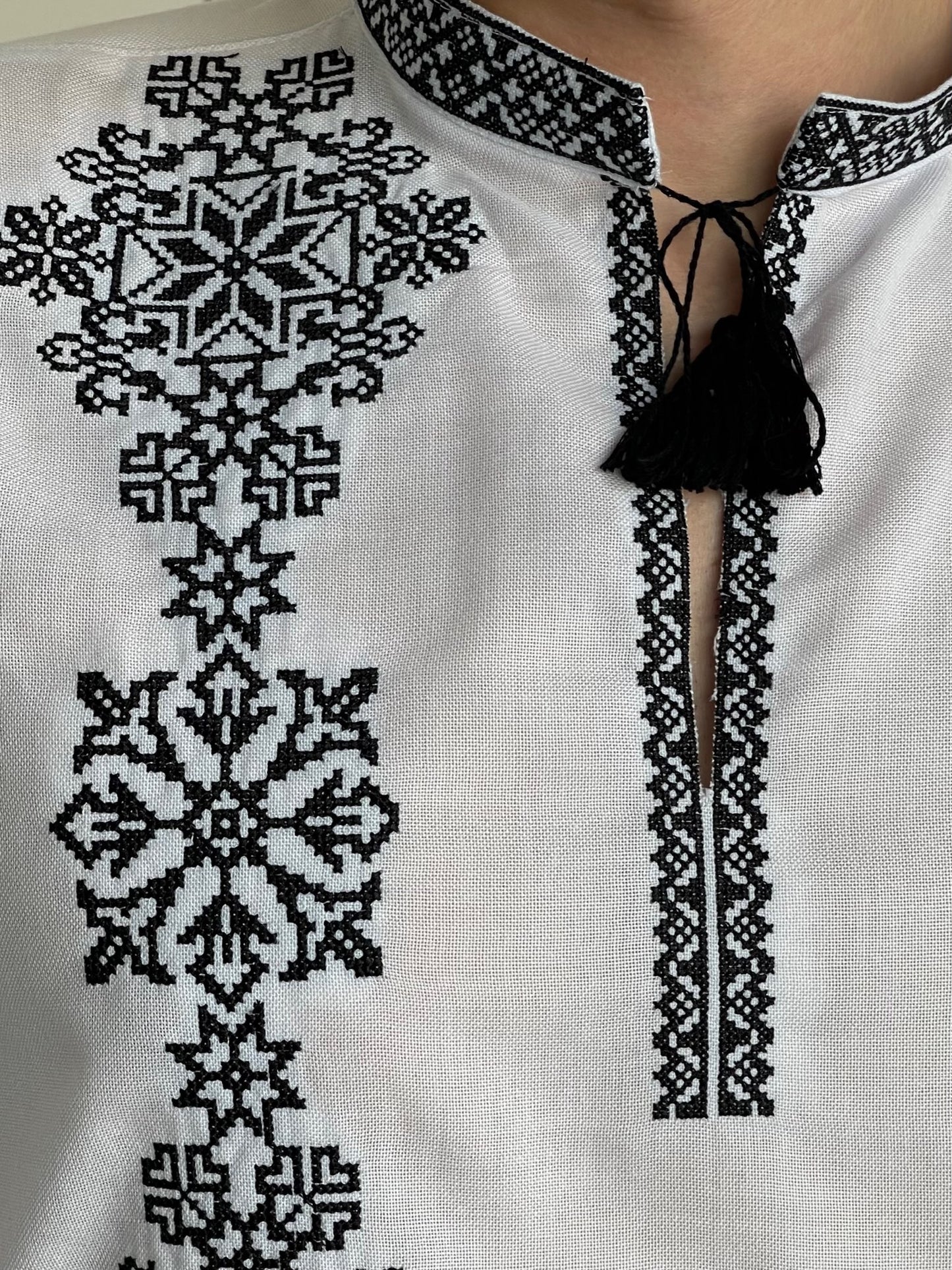 White Men's Shirt with Black Embroidery on One Side