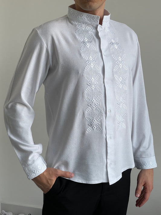 White Men's Ukrainian Vyshyvanka with White Embroidery