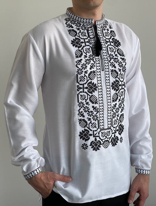 White Long Sleeve Men's Vyshyvanka with Black Embroidery