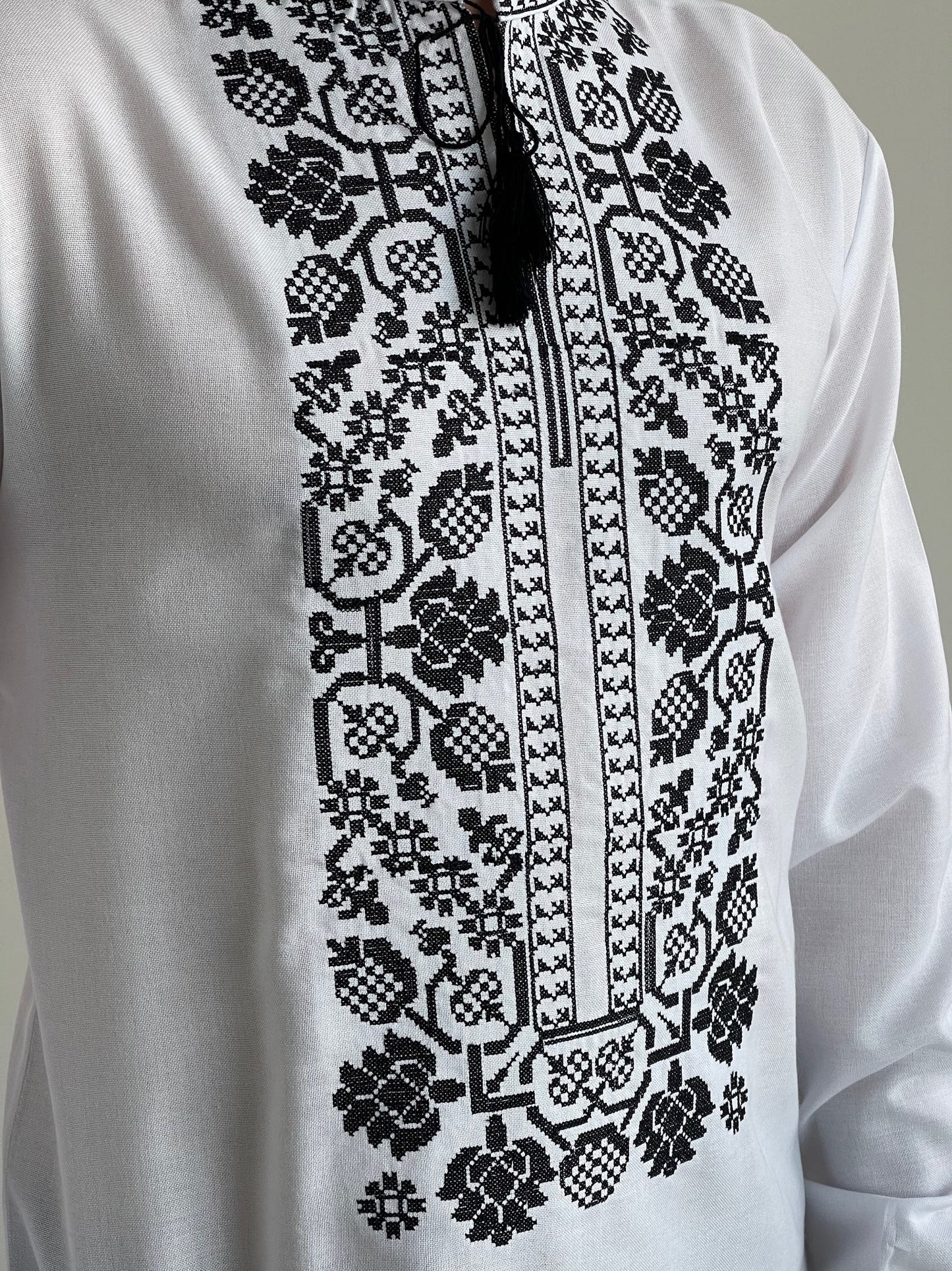 White Long Sleeve Men's Vyshyvanka with Black Embroidery