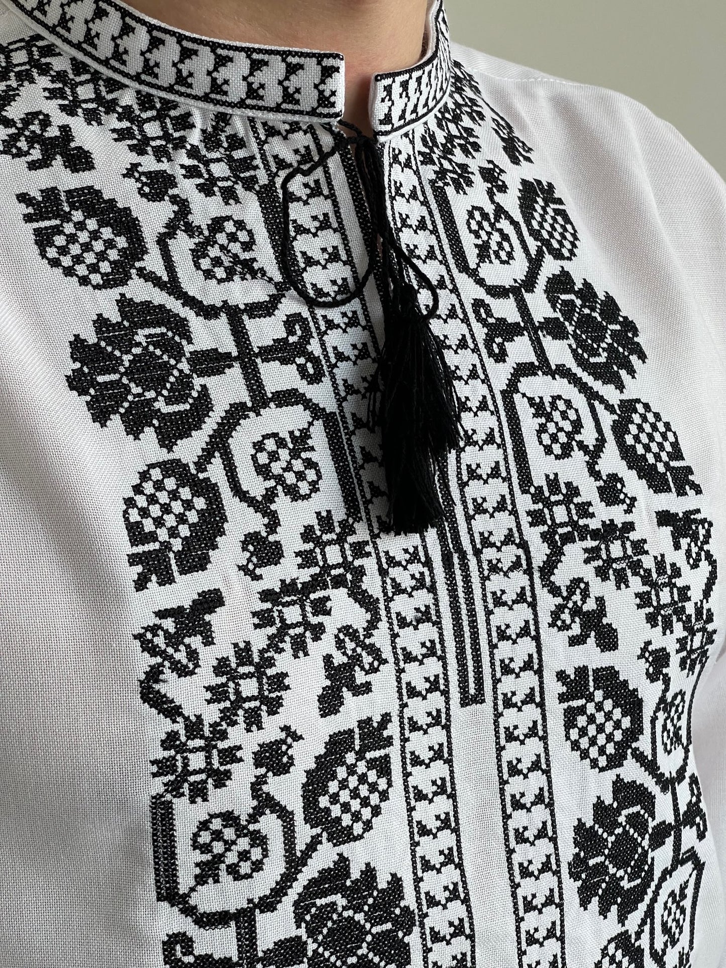 White Long Sleeve Men's Vyshyvanka with Black Embroidery