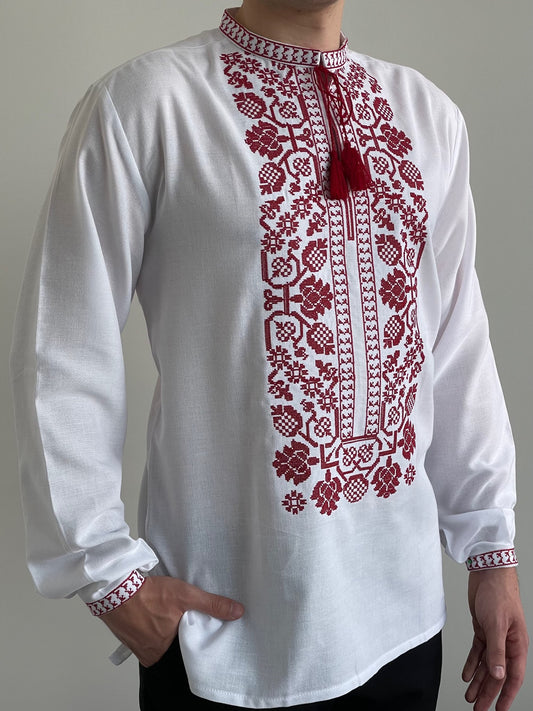 White Men's Vyshyvanka With Red Embroidery