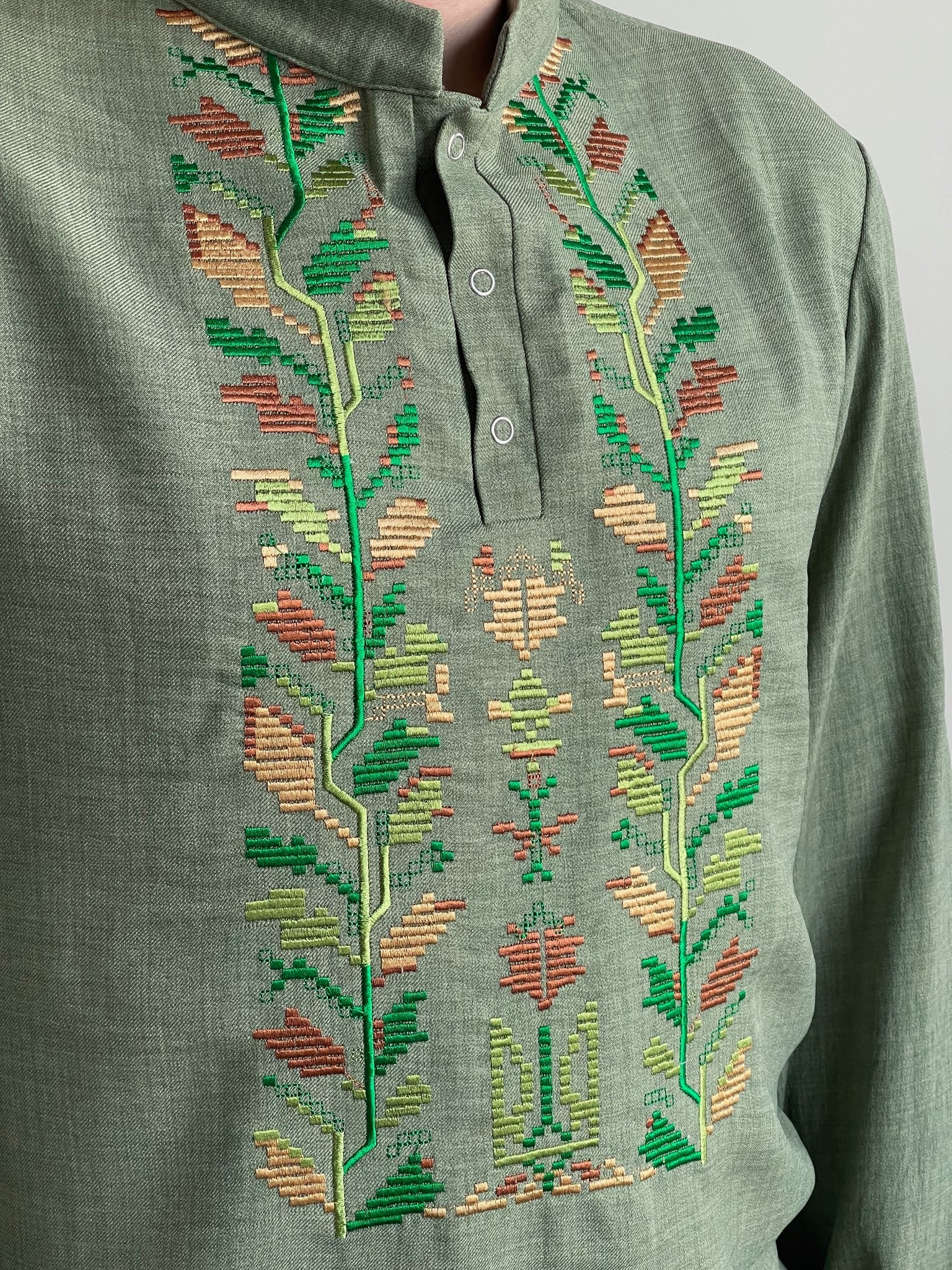 Light Green Embroidered Men's Vyshyvanka With Ukrainian Symbol on it (Чоловіча Вишиванка)