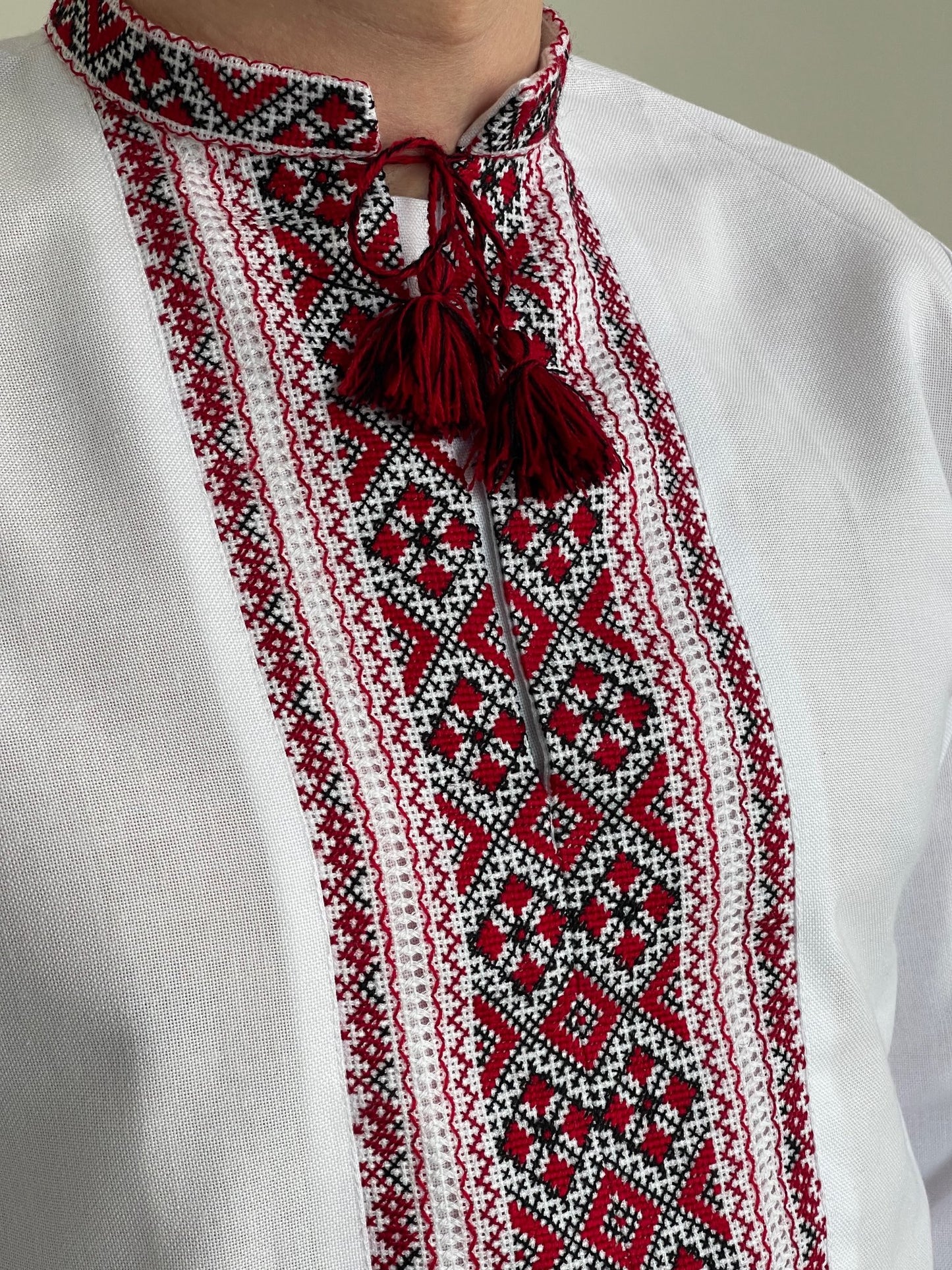  View details for Men's Vyshyvanka with Red and Black Hand Embroidery Men's Vyshyvanka with Red and Black Hand Embroidery (Чоловіча Вишиванка)