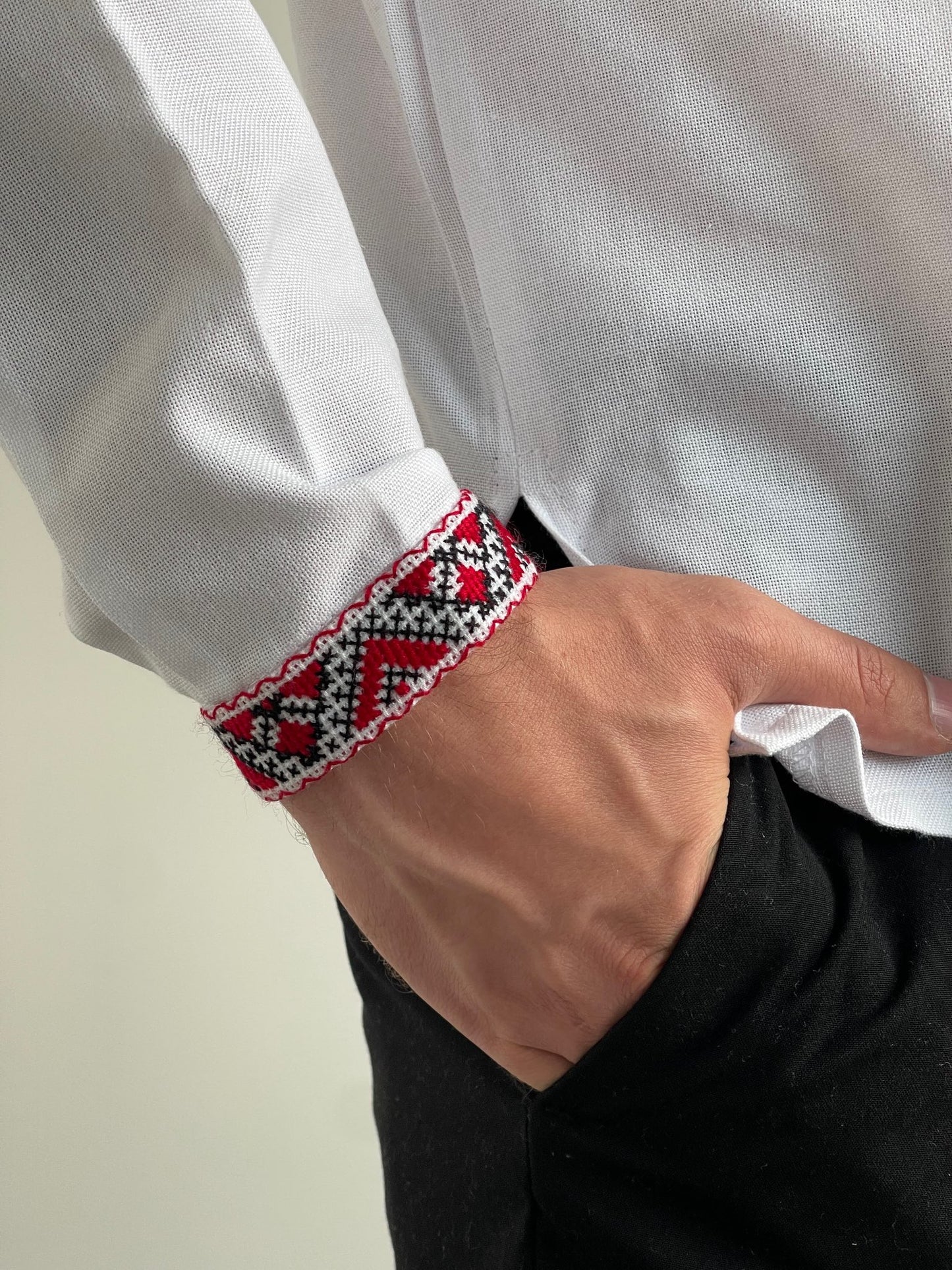  View details for Men's Vyshyvanka with Red and Black Hand Embroidery Men's Vyshyvanka with Red and Black Hand Embroidery (Чоловіча Вишиванка)