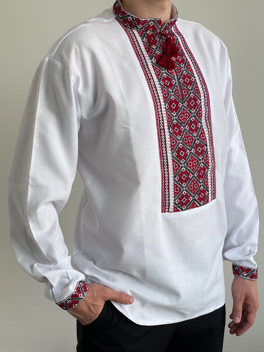 White Men's Vyshyvanka with Black, Red and White embroidery