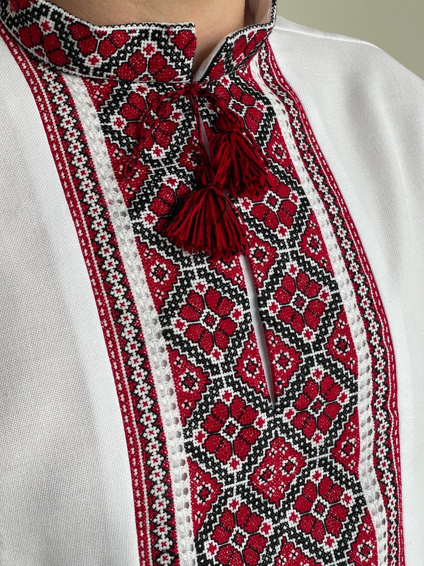 White Men's Vyshyvanka with Black, Red and White embroidery