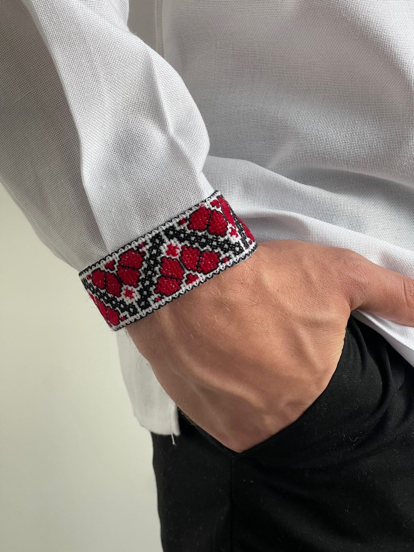 White Men's Vyshyvanka with Black, Red and White embroidery