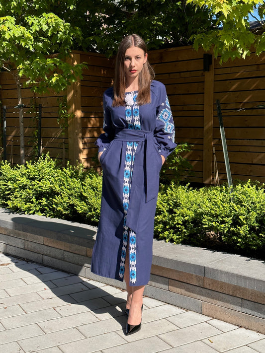 The Dark Blue Long Dress with Blue and White Embroidery