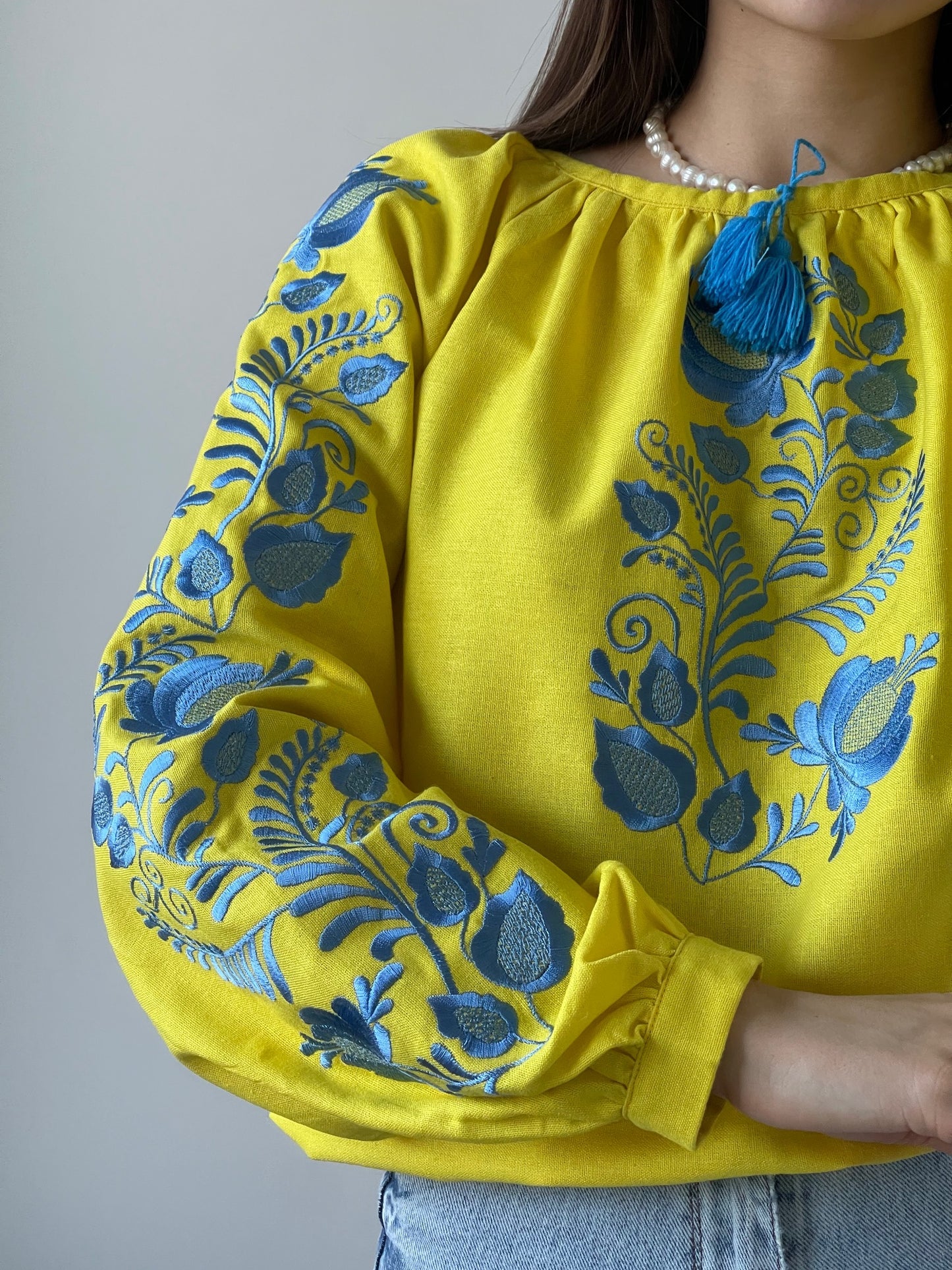 The Yellow Women's Blouse with Blue Embroidery