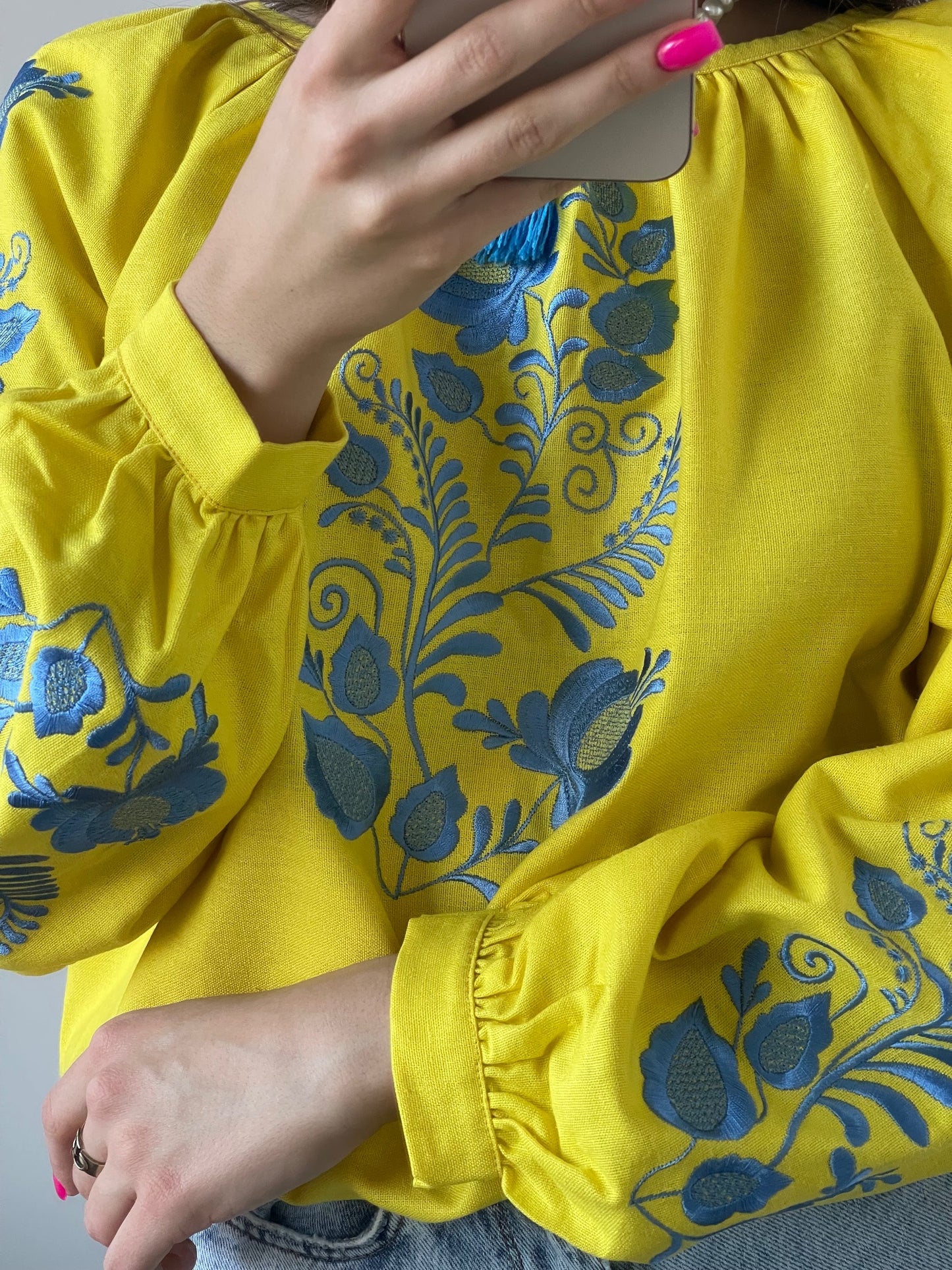 The Yellow Women's Blouse with Blue Embroidery