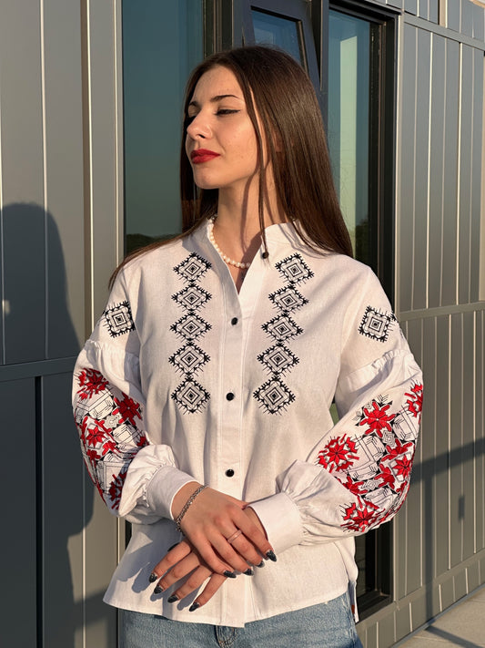 The White Women's Shirt with Red and Black Embroidery