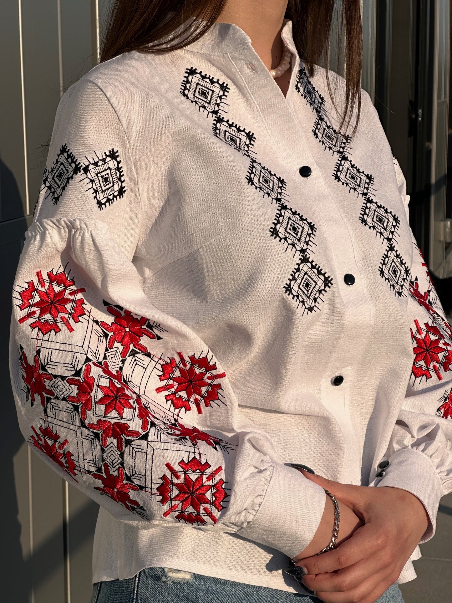 The White Women's Shirt with Red and Black Embroidery