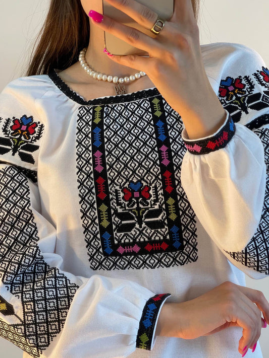 The White Women's Blouse with Geometric Embroidery