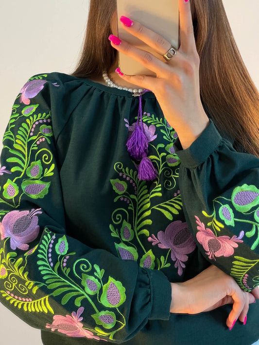 The Dark Green Women's Blouse with Green and Purple Embroidery