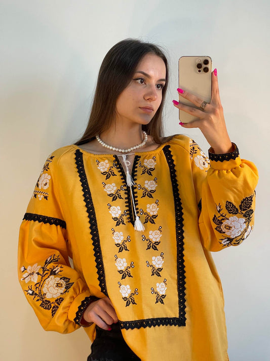 The Ochre Women's Blouse with White and Black Embroidery