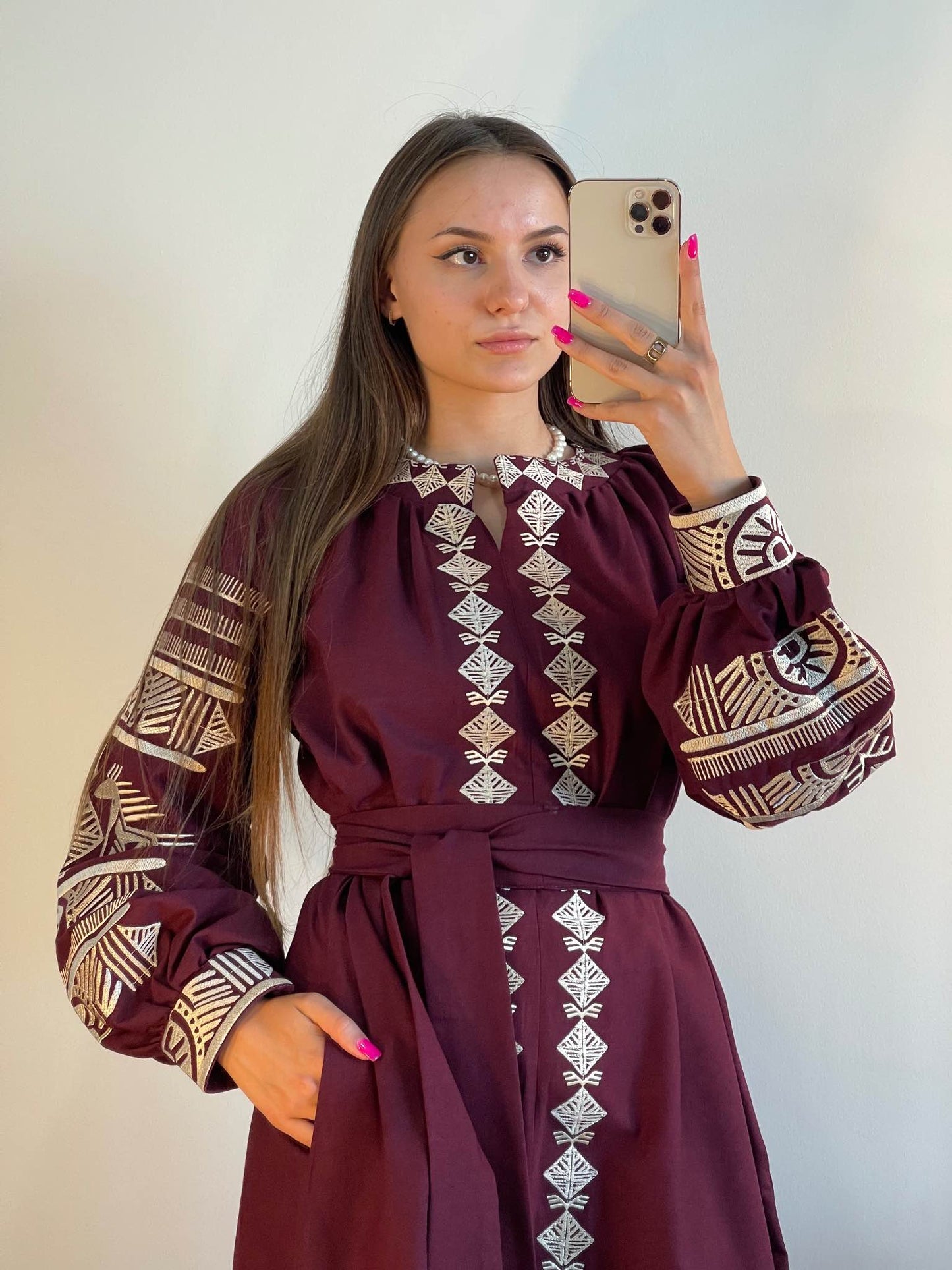 The Long Bordo Dress with White Embroidery