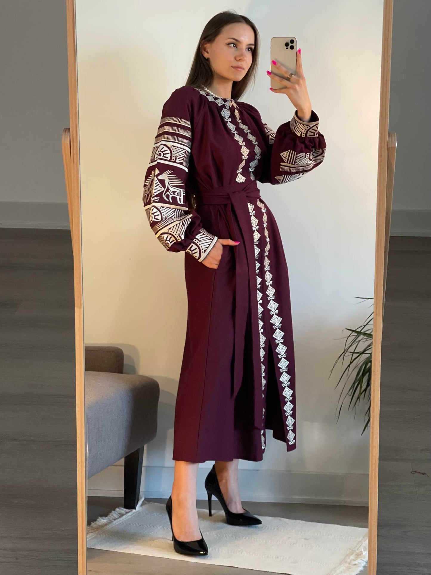 The Long Bordo Dress with White Embroidery