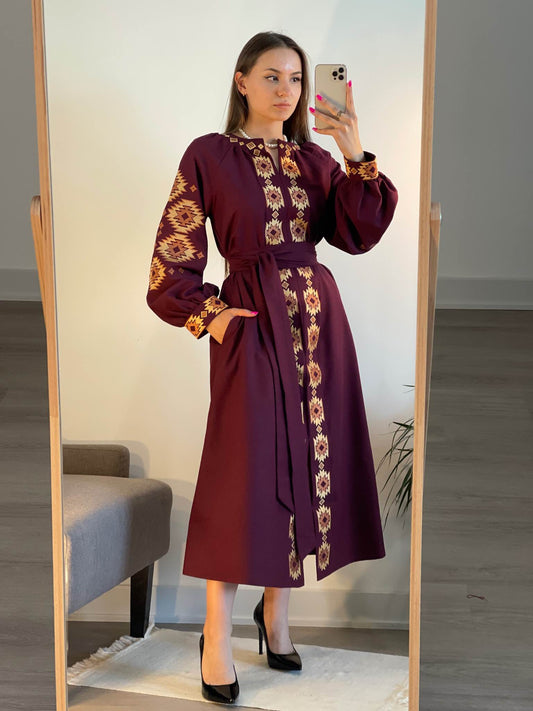 The Long Bordo Dress with Orange Embroidery