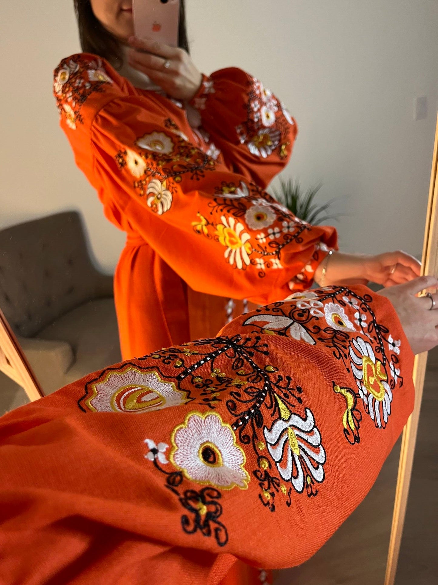 Amber Symphony: The Striking Orange Ukrainian Embroidered Dress with Vivid Details - Vatra