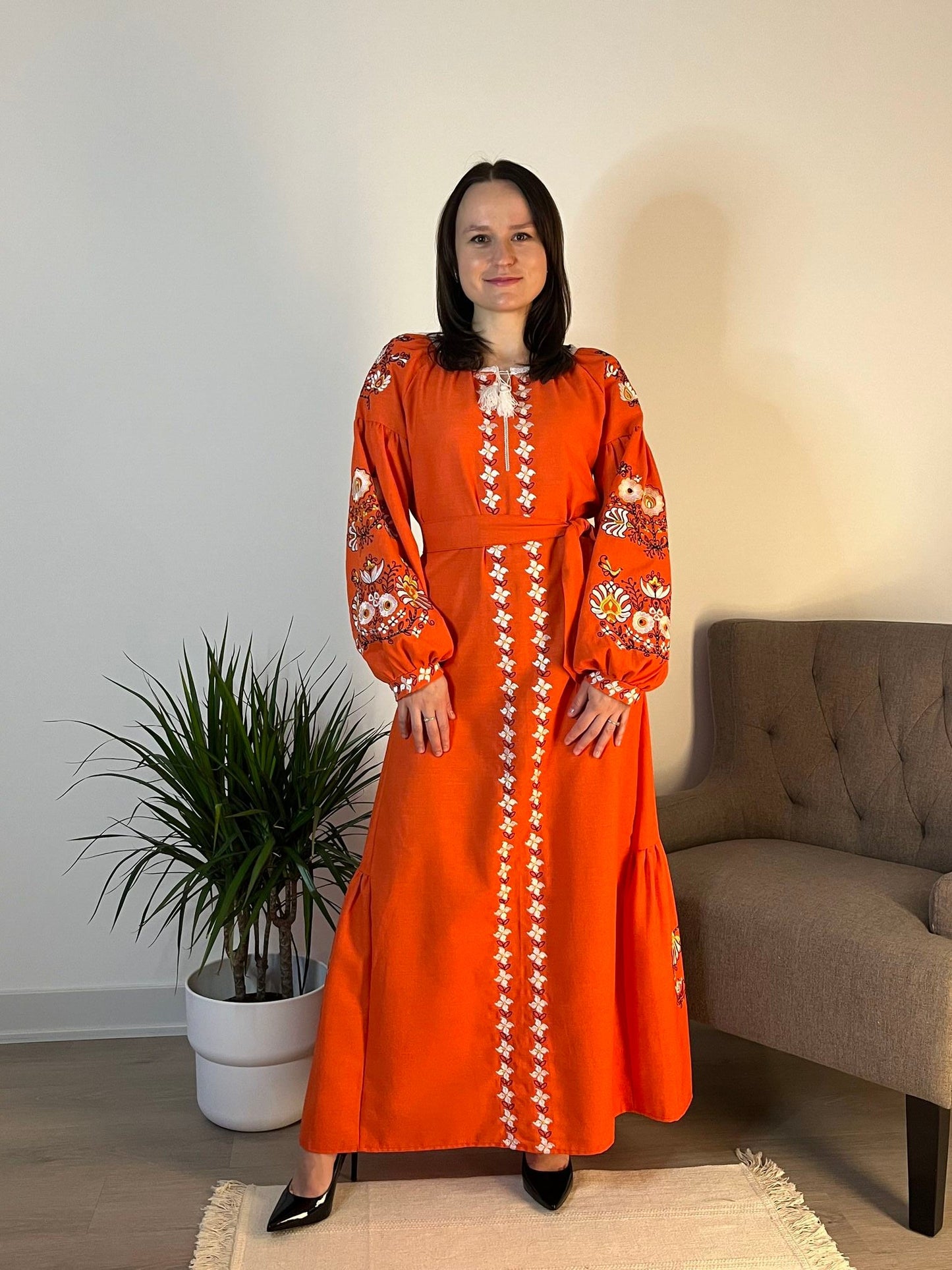 Amber Symphony: The Striking Orange Ukrainian Embroidered Dress with Vivid Details - Vatra