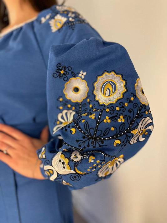 Celestial Canvas: The Inspiring Light Blue Ukrainian Vyshyvanka Dress with Radiant Embroidery - Vatra