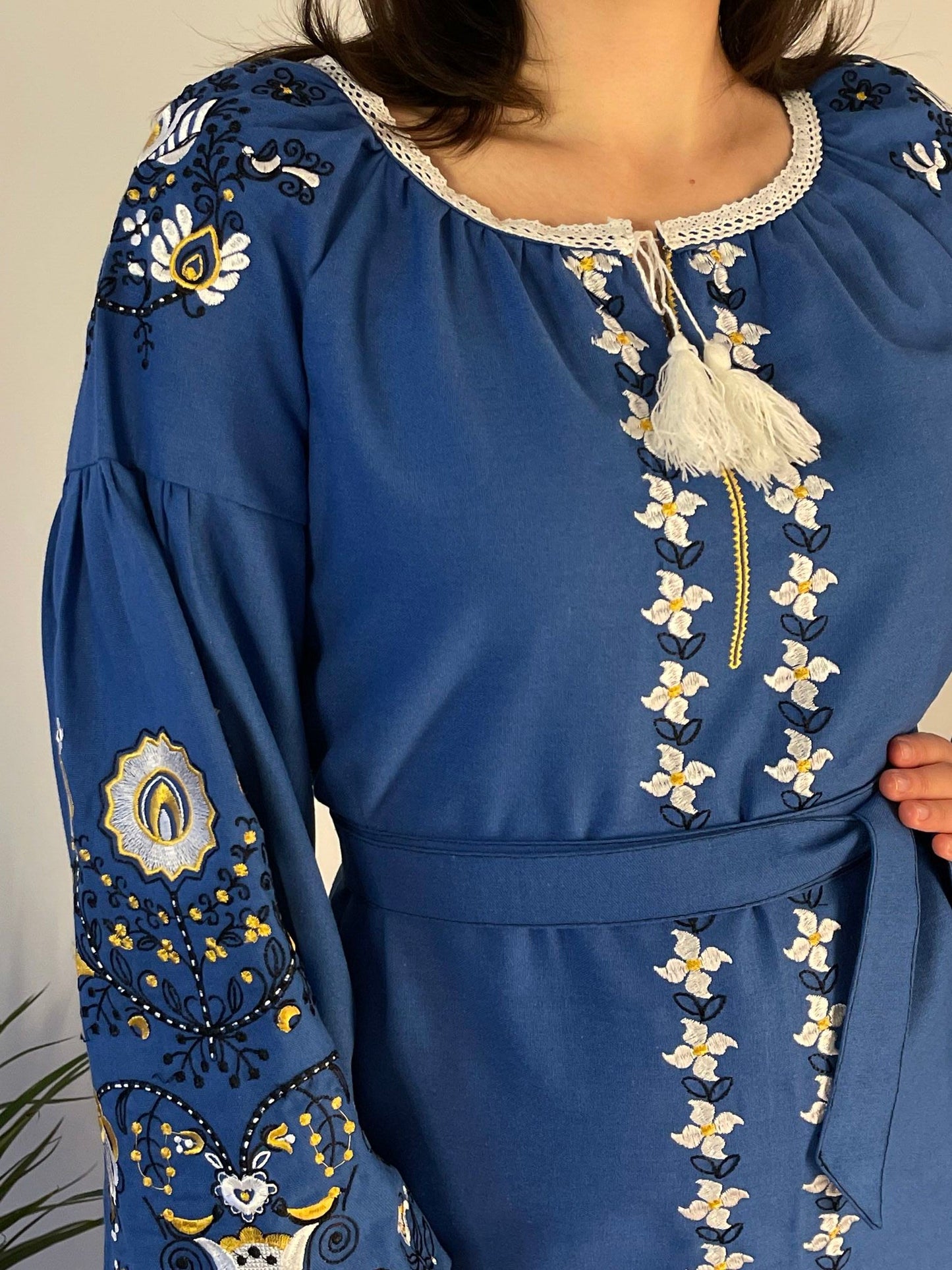 Celestial Canvas: The Inspiring Light Blue Ukrainian Vyshyvanka Dress with Radiant Embroidery - Vatra