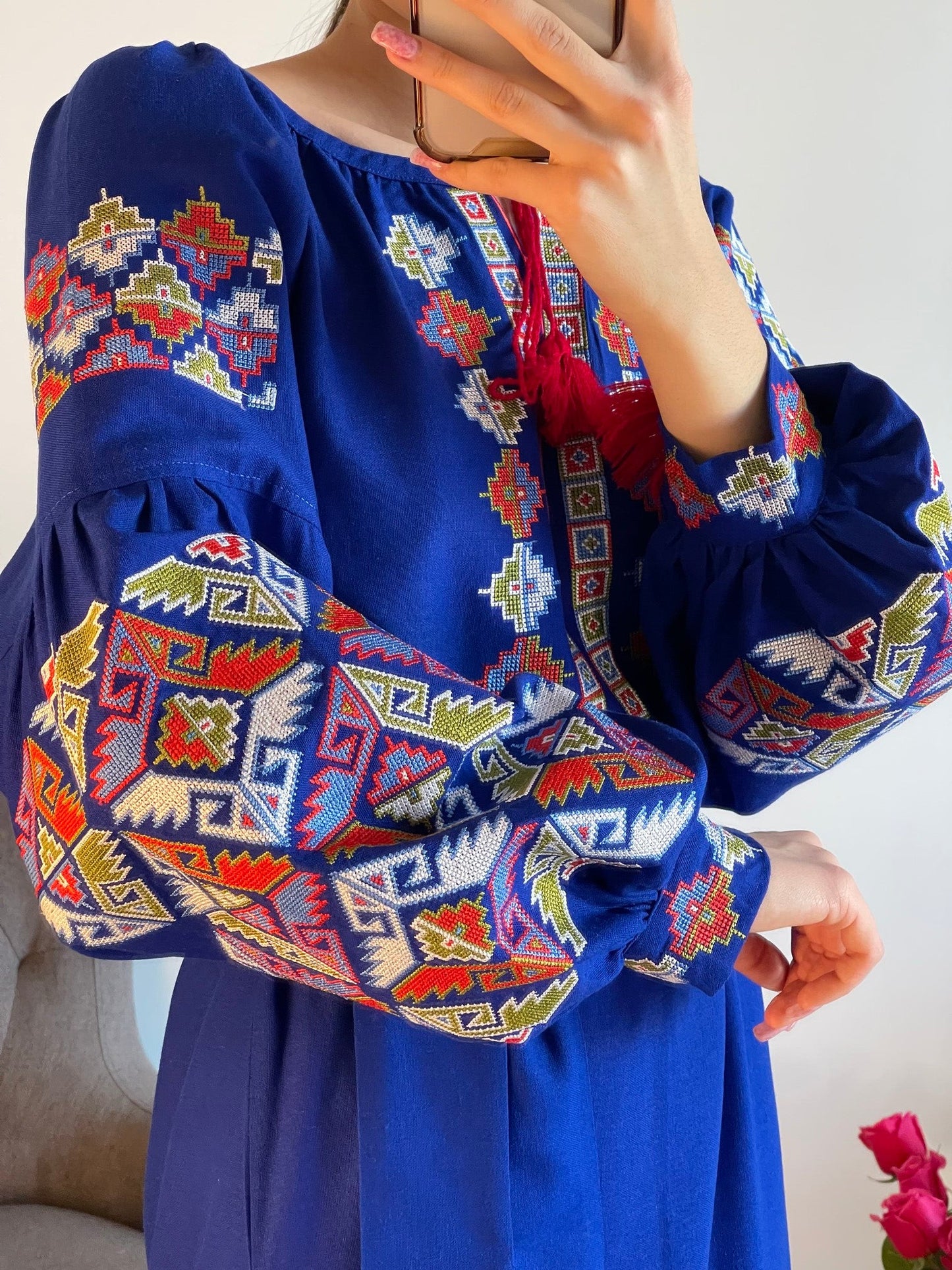 Enchanted Azure: The Mesmerizing Ultramarine Blue Ukrainian Vyshyvanka Dress - Vatra