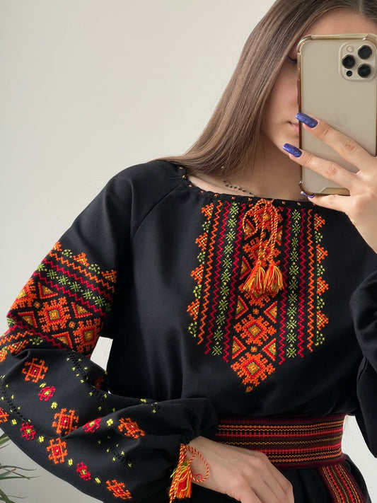 Midnight Bloom: The Elegant Black Shirt with Orange, Yellow, and Green Hand Embroidery - Vatra