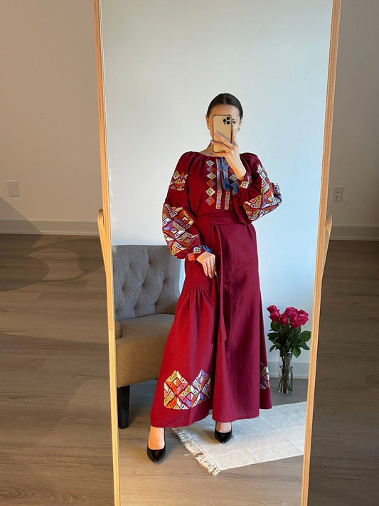 Radiant Ruby: The Long Red-Burgundy Ukrainian Vyshyvanka Dress (Жіноча Вишиванка)