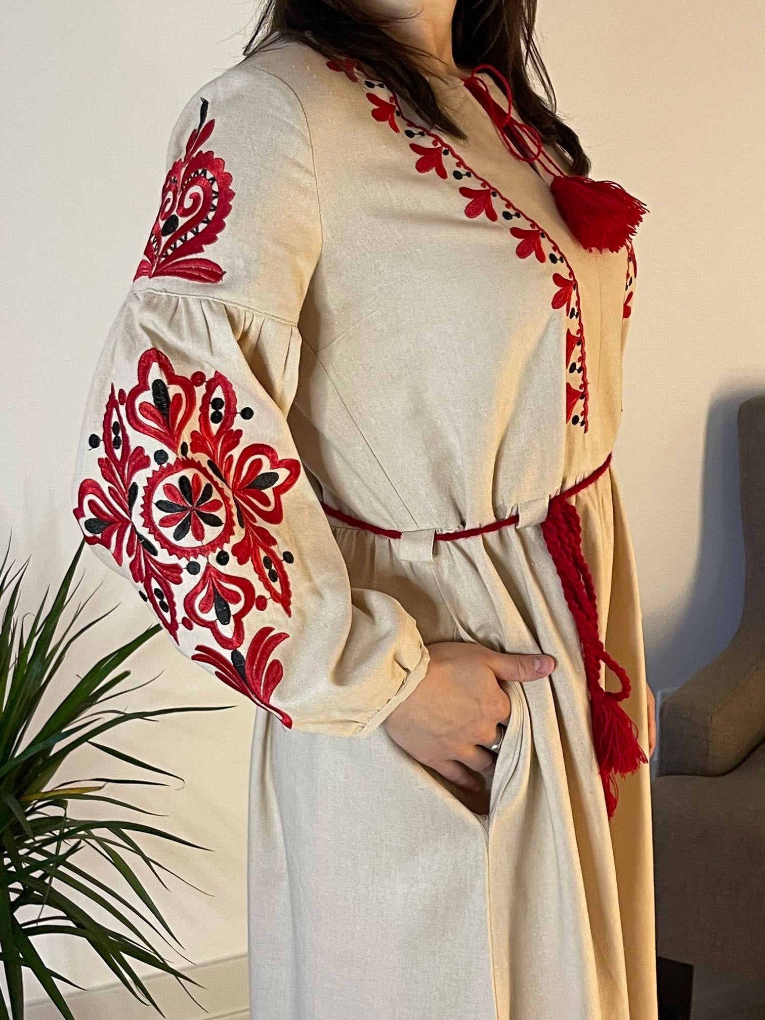 Sandstone Serenade: The Charming Short Beige Ukrainian Vyshyvanka Dress with Radiant Red Embroidery (Жіноча Вишиванка)