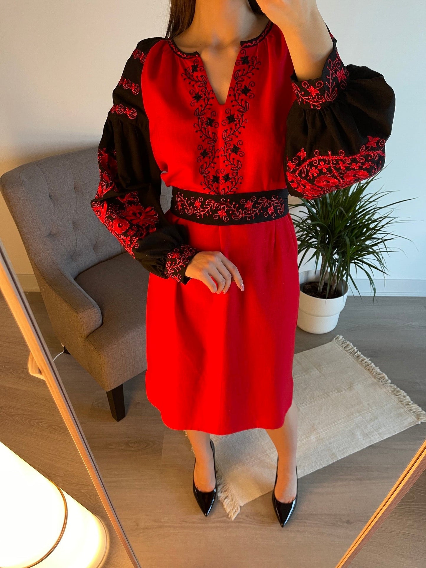 Scarlet Fusion: The Striking Red-Black Ukrainian Vyshyvanka Dress with Belt in Fitted and Straight Styles - Vatra