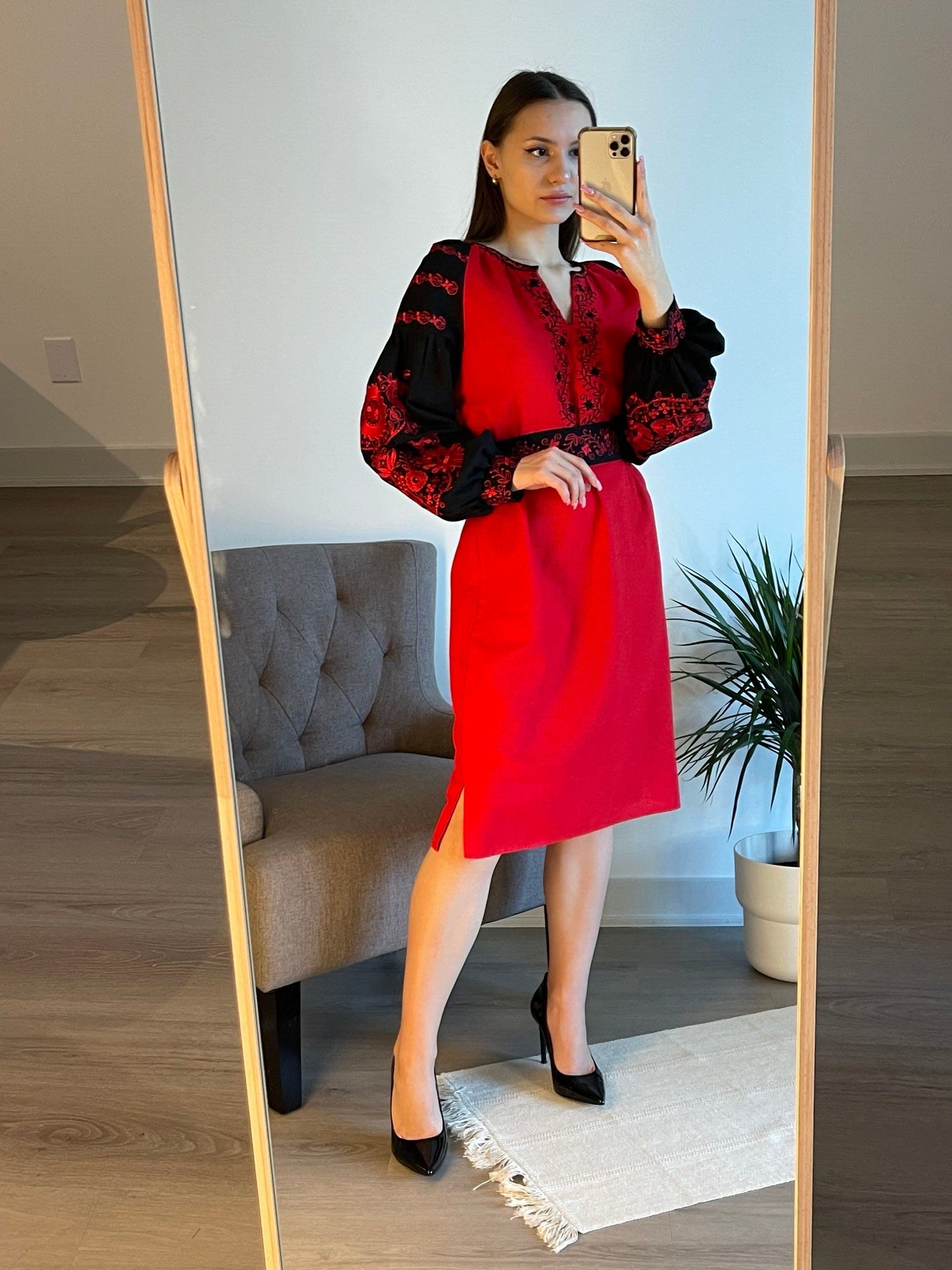 Scarlet Fusion: The Striking Red-Black Ukrainian Vyshyvanka Dress with Belt in Fitted and Straight Styles - Vatra