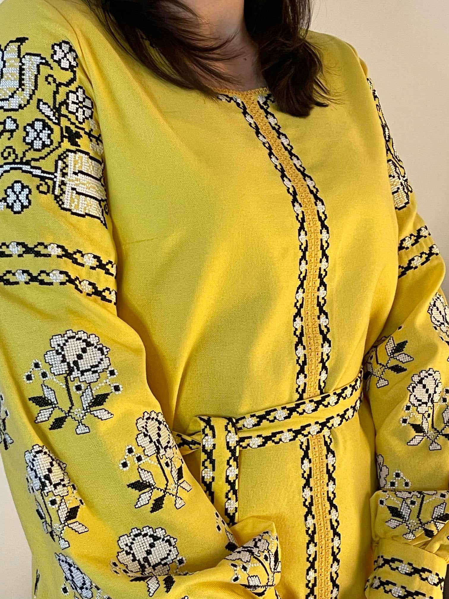 Sunshine Delight: The Radiant Short Yellow Ukrainian Vyshyvanka Dress with Timeless Embroidery - Vatra