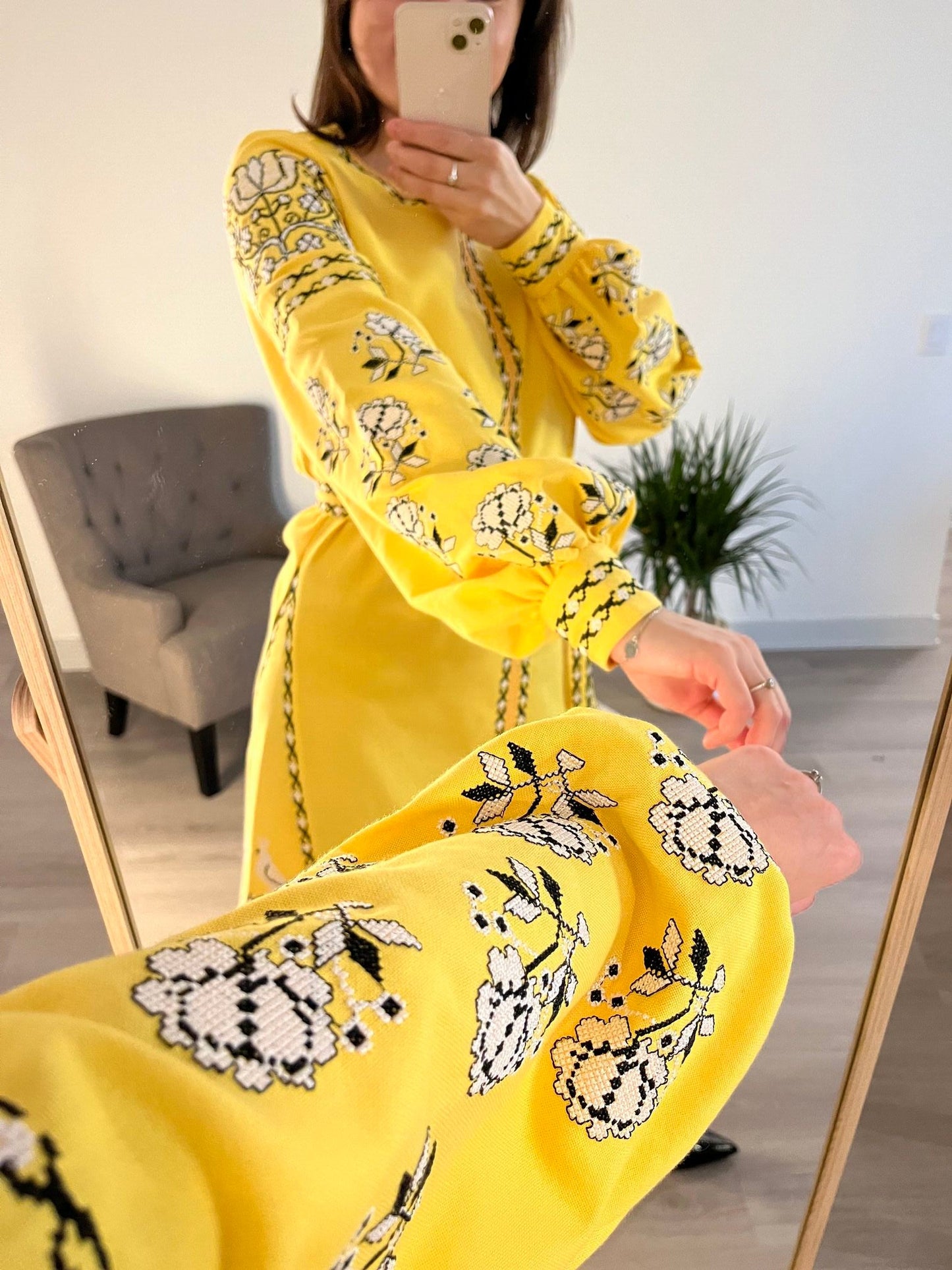 Sunshine Delight: The Radiant Short Yellow Ukrainian Vyshyvanka Dress with Timeless Embroidery - Vatra